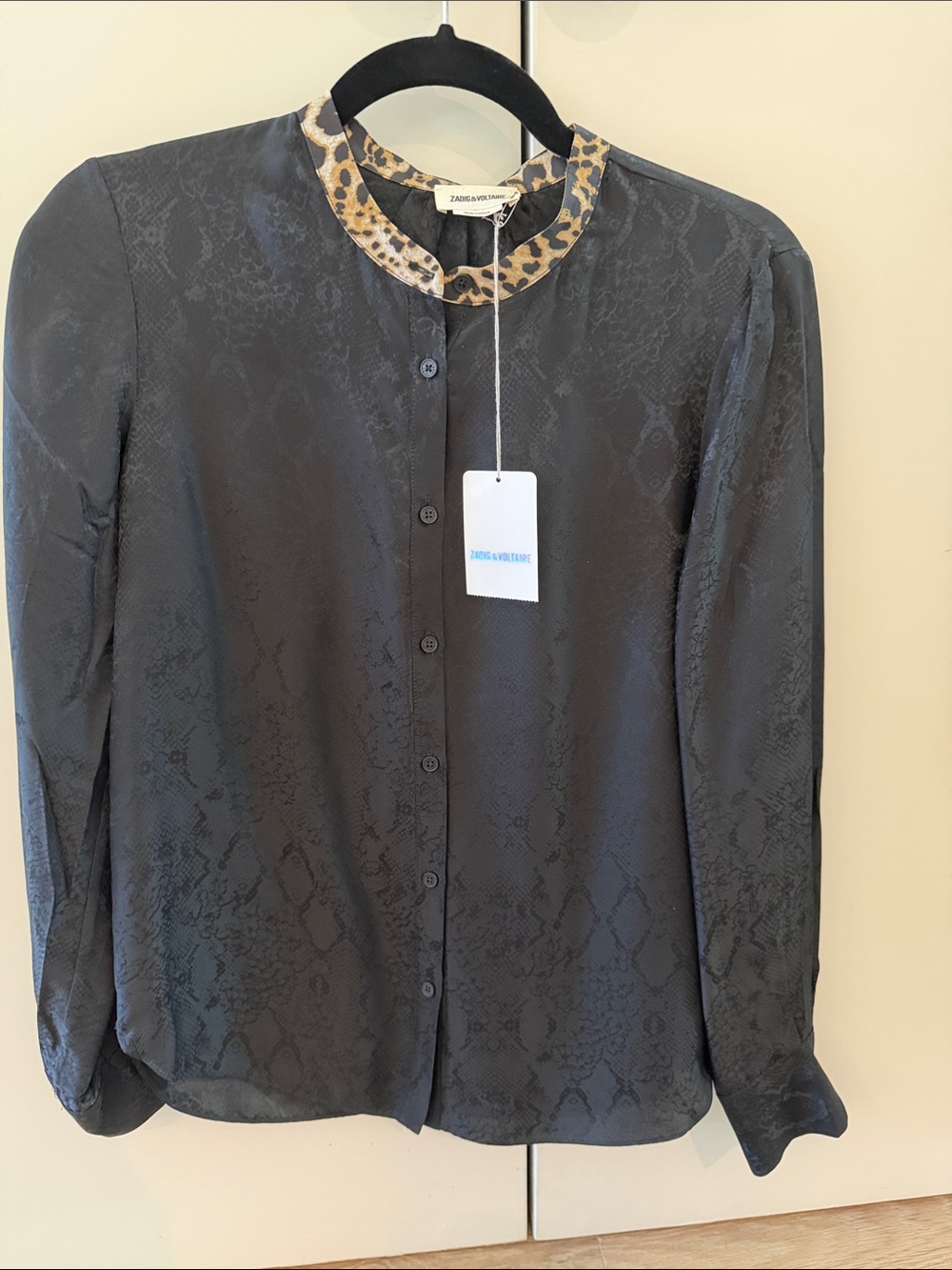 Zadig & Voltaire Black Button-Down Blouse with Leopard Collar